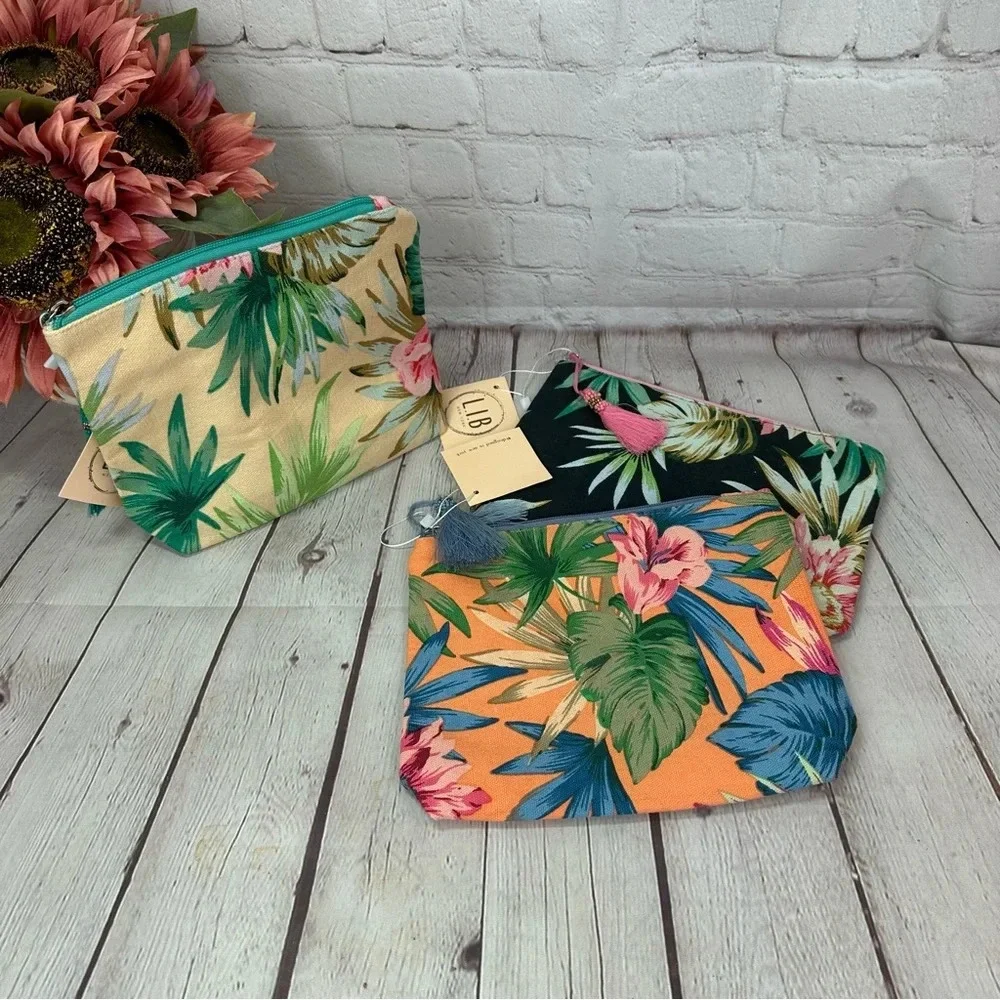 L.I.B new york Boutique NWT makeup pouch travel bag tropical floral tassel
